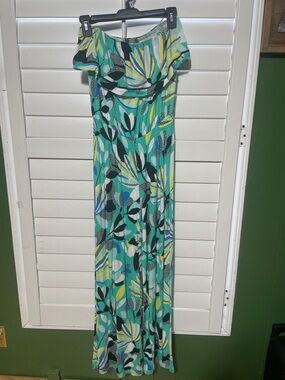 Off-Shoulder Floral Maxi Dress in Aqua & Lime